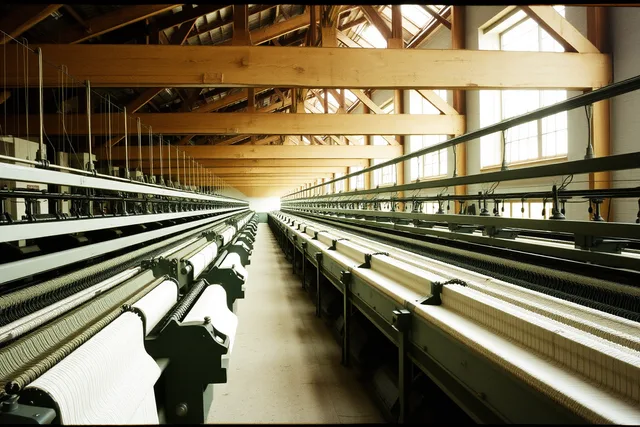Rows of operating cotton looms in a working mill weave room. A guide to Lowell National Historical Park cotton mill tours