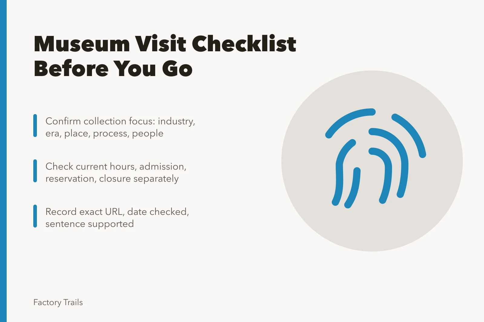 Checklist card for confirming manufacturing museum collection, visit terms, and sources. Manufacturing museums fundamentals: a visitor checklist before you go