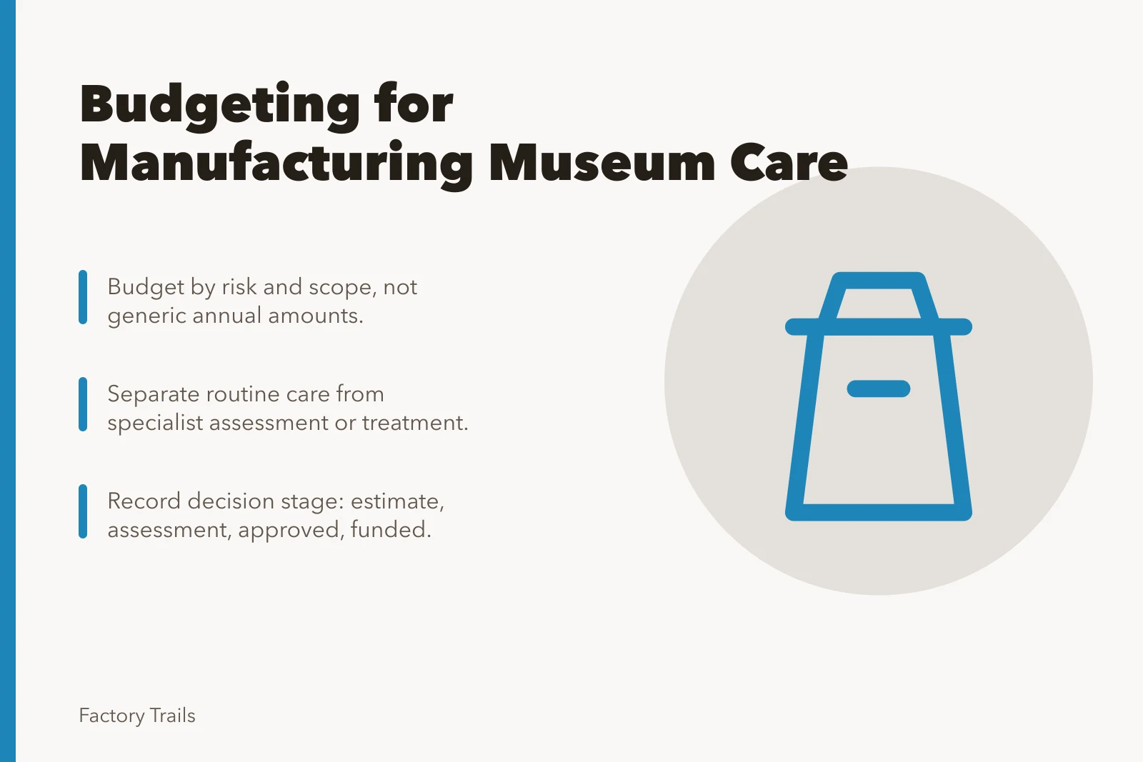 Budget planning for manufacturing museum care and maintenance. How manufacturing museums can plan a maintenance budget with clear notes