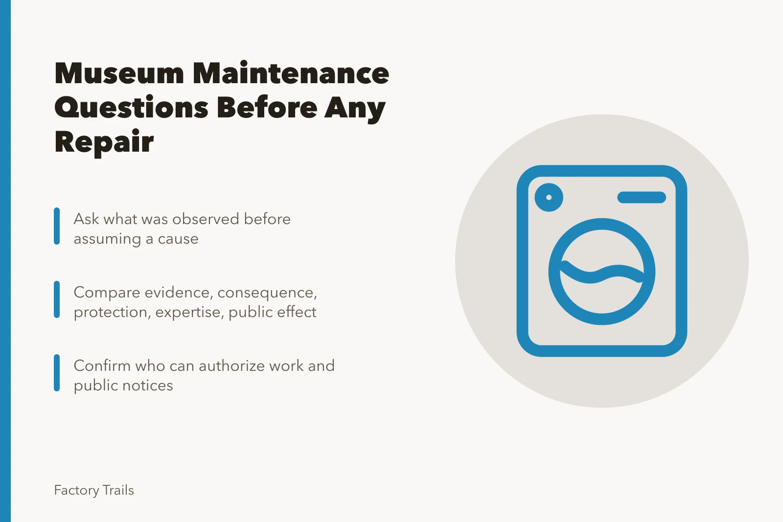 Card listing maintenance questions for manufacturing museum care planning. Manufacturing museum maintenance plan comparison questions to ask first