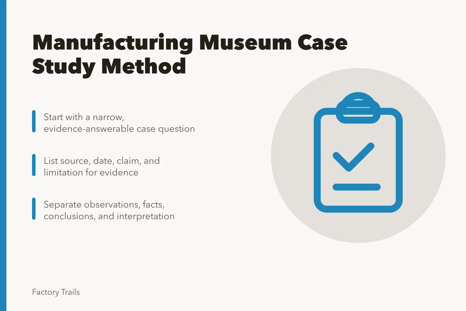 Card outlining manufacturing museum case study method steps and evidence rules. How to run a manufacturing museum case study method without inventing facts