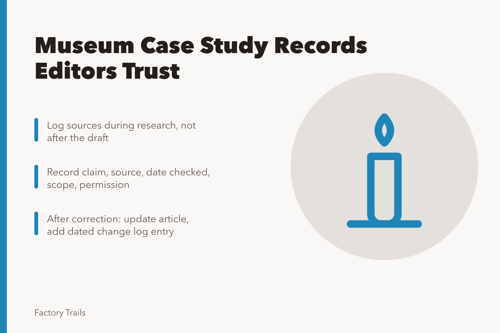 Checklist card for documenting manufacturing museum case study sources and corrections. How to keep manufacturing museum case study records editors trust