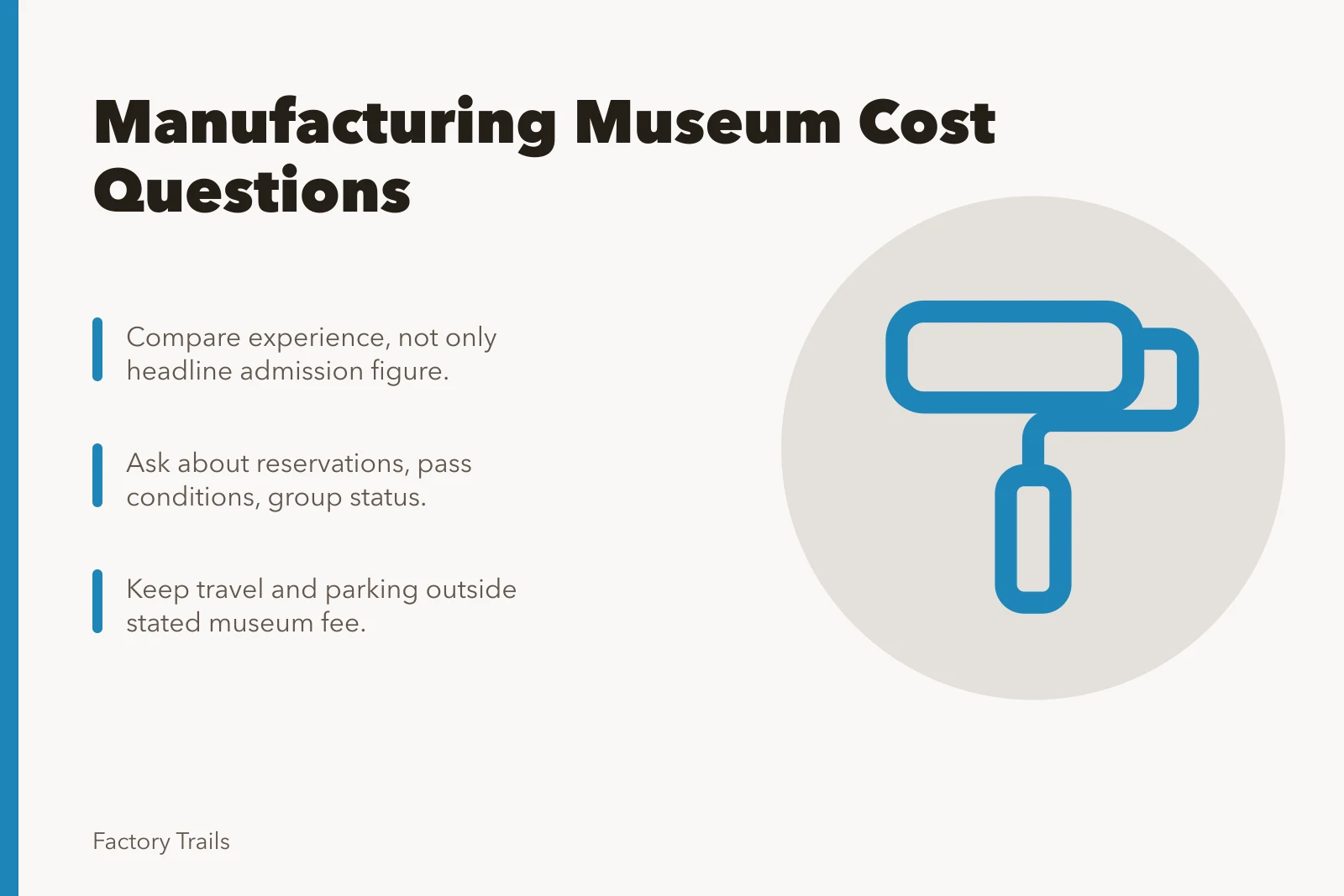 Card comparing manufacturing museum costs, admission terms, and travel variables. Manufacturing museum cost questions before you plan a visit