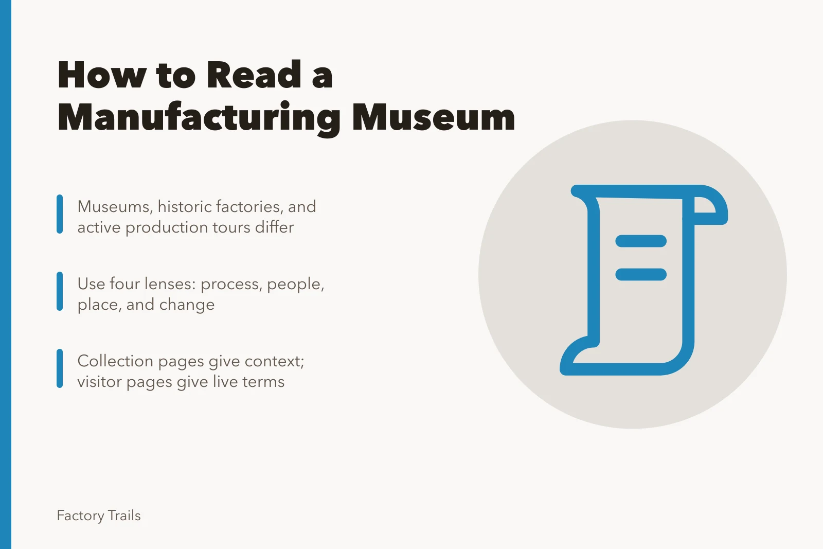 Card explaining how to read manufacturing museum collections before visiting. Manufacturing museums fundamentals: how to read a collection before you visit