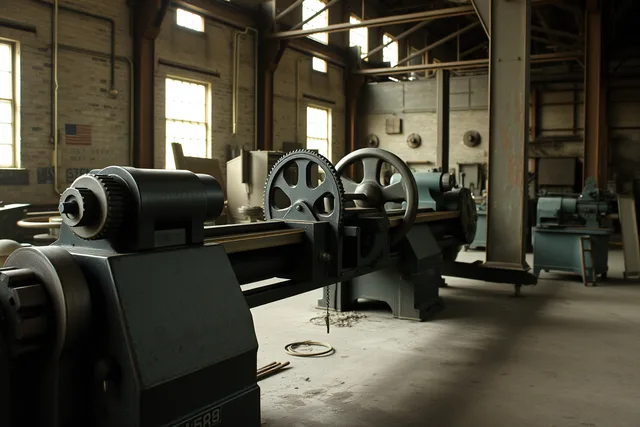 Large belt-driven lathe machinery inside an industrial mill warehouse. How a manufacturing museums maintenance plan keeps U.S. sites running