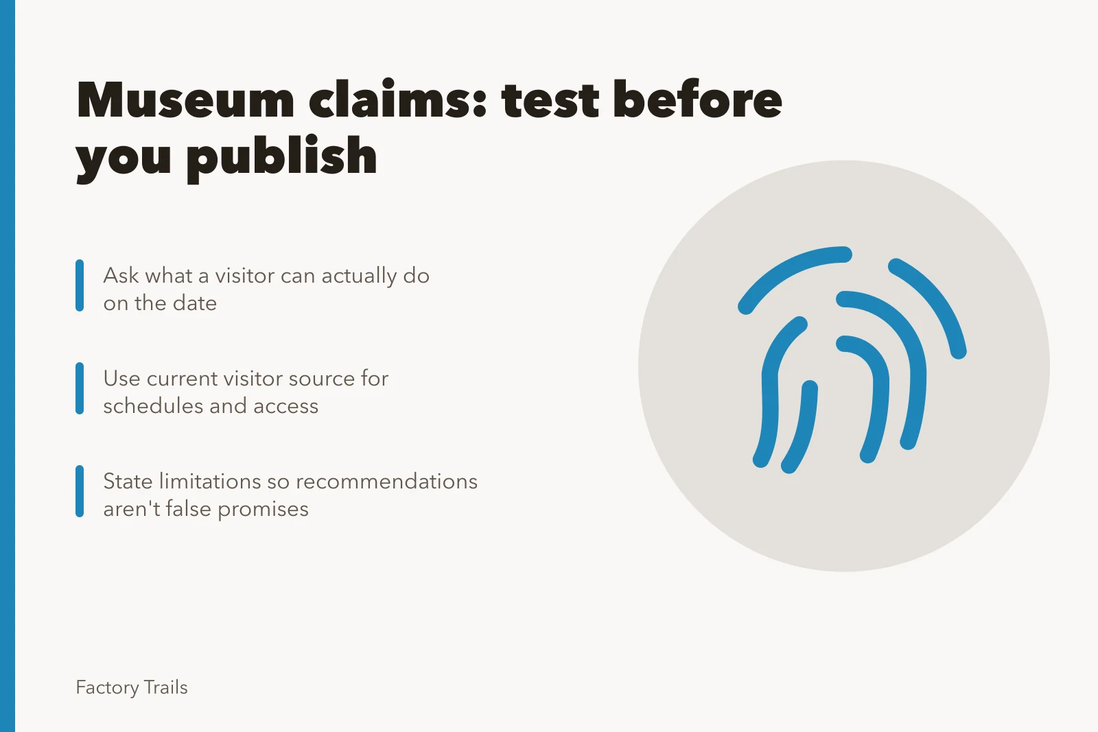 Checklist card for verifying manufacturing museum visitor claims before publishing. Manufacturing museum mistake prevention questions to ask before you publish