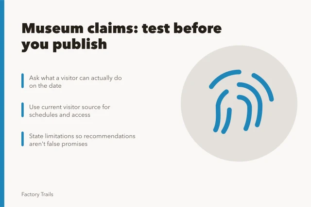 Checklist card for verifying manufacturing museum visitor claims before publishing. Manufacturing museum mistake prevention questions to ask before you publish