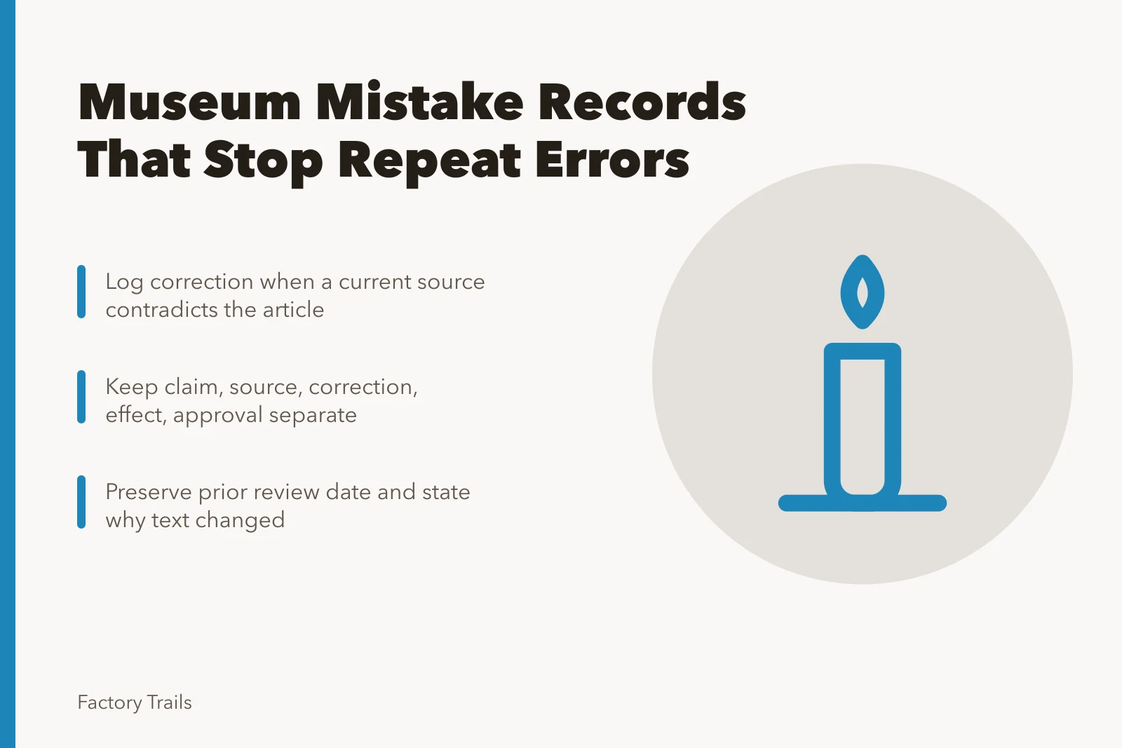 Card summarizing manufacturing museum correction record steps and fields. How manufacturing museums can keep mistake records that prevent repeat errors