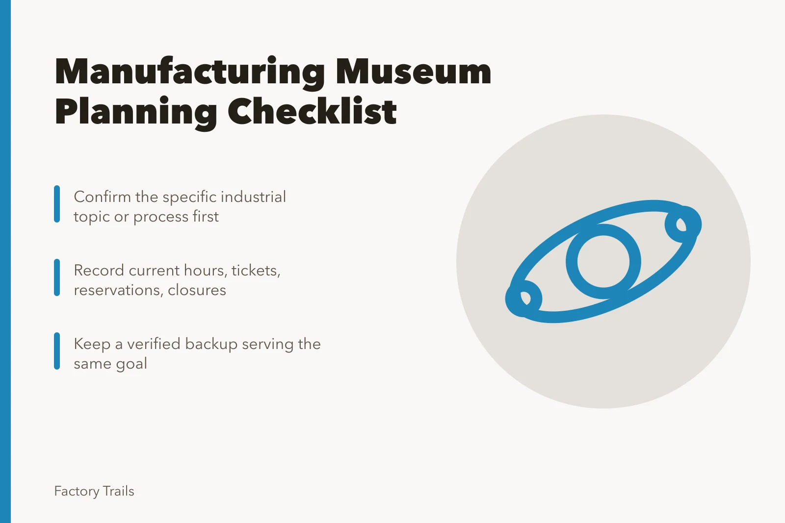 Checklist card for planning a manufacturing museum visit. Manufacturing museum planning checklist: what to confirm before you go
