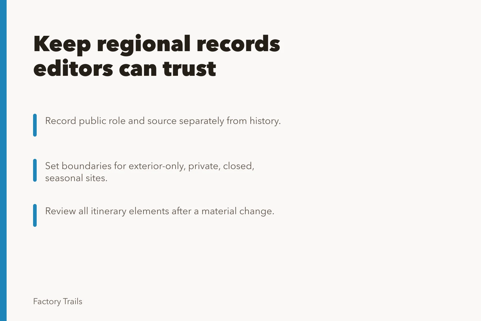 Card on manufacturing museum regional records for editors. How manufacturing museums should keep regional records editors can trust