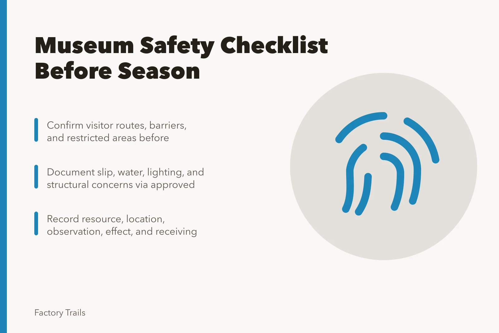 Checklist card for manufacturing museum safety review before season. Manufacturing museums safety checklist: what to review before your next season
