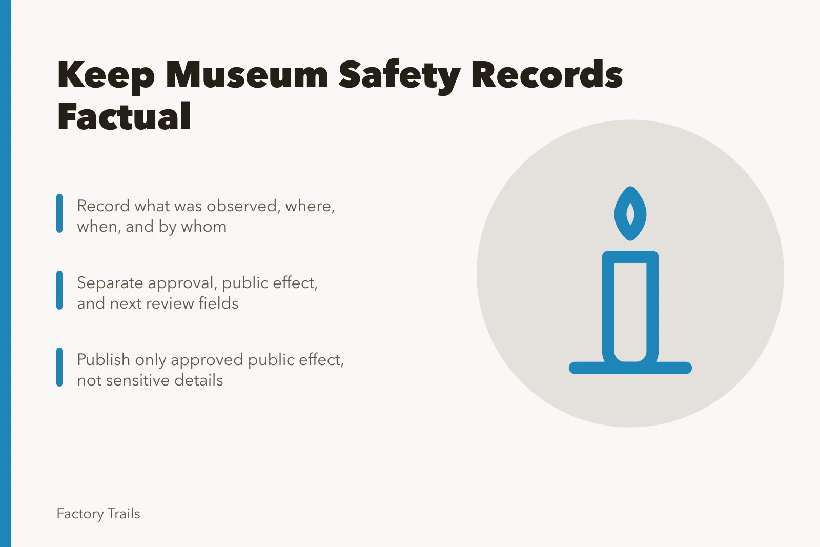Card summarizing factual, narrow manufacturing museum safety records for 2027. How manufacturing museums can keep safety records factual and narrow