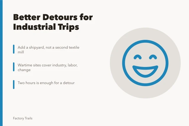 Industrial trip detours: add contrast, workforce, raw material, era, corridor. Manufacturing museums detours work best with one addition: a different era or workforce