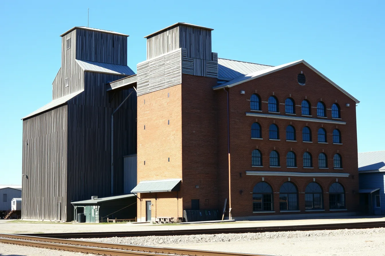 Tall wooden grain elevator and brick mill with rail spur in an industrial yard. How the National Register lists American industrial sites
