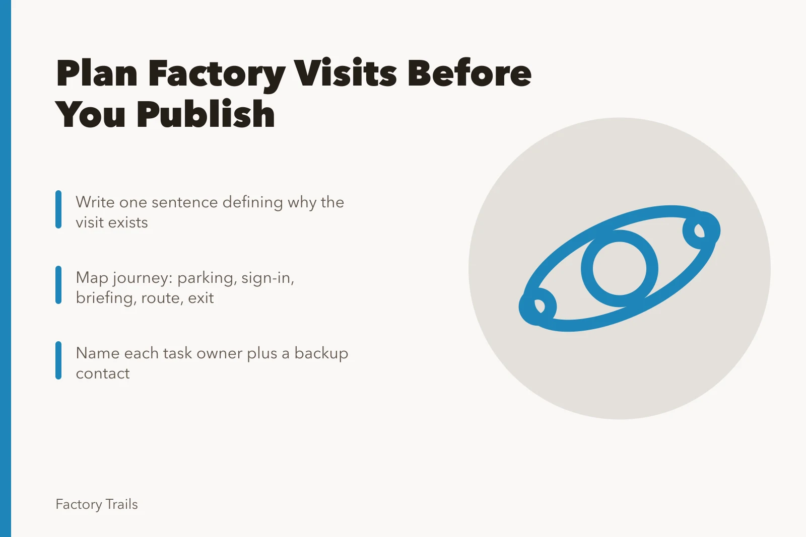 Planning workflow card for factory visits, route review, host roles, and follow-up. A working factory visits planning workflow before you publish the route
