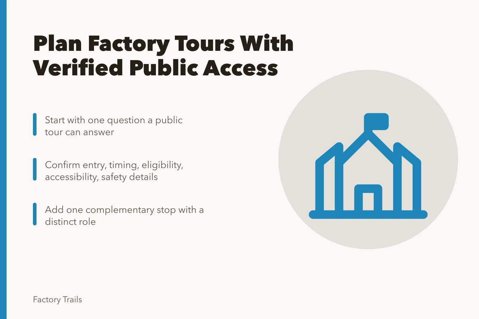 Factory tour planning steps for verifying public access and routes. How a factory tours planning workflow keeps U.S. visits on track
