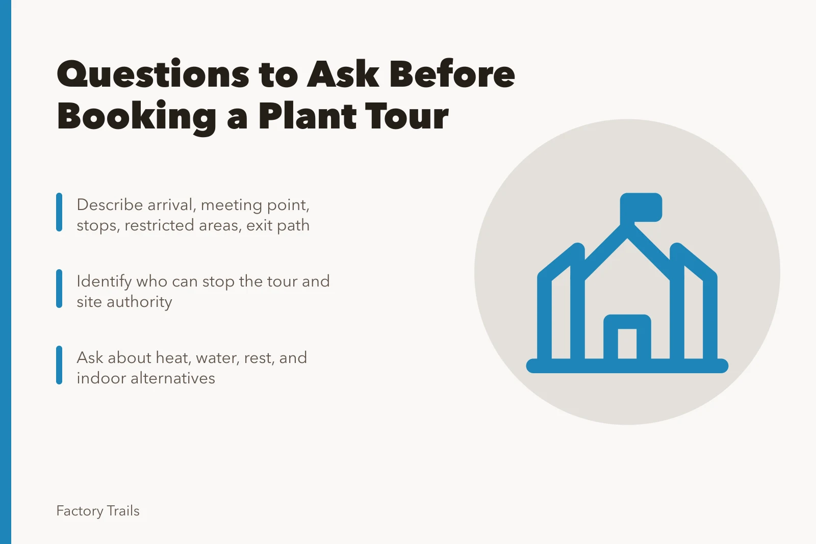 Checklist card for questions to ask industrial tour providers before booking. What to ask industrial tour providers before you book a plant visit