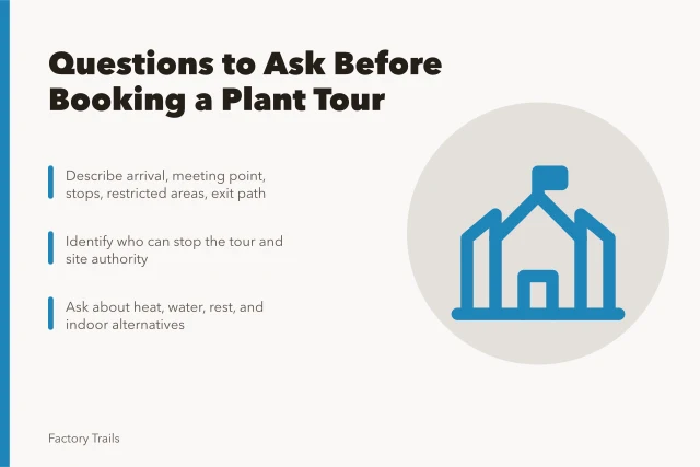 Checklist card for questions to ask industrial tour providers before booking. What to ask industrial tour providers before you book a plant visit
