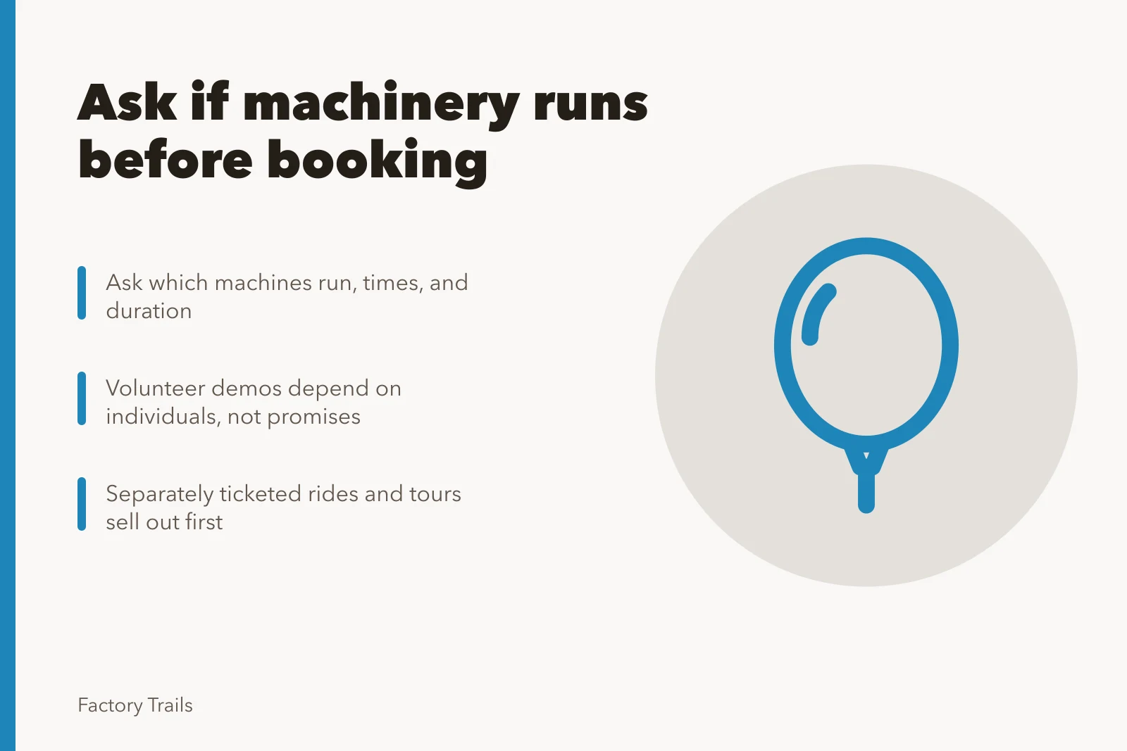 Calendar icon representing booking questions for manufacturing museum visits. One question decides a manufacturing museums booking: is machinery running that day?