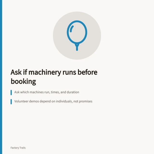 Calendar icon representing booking questions for manufacturing museum visits. One question decides a manufacturing museums booking: is machinery running that day?