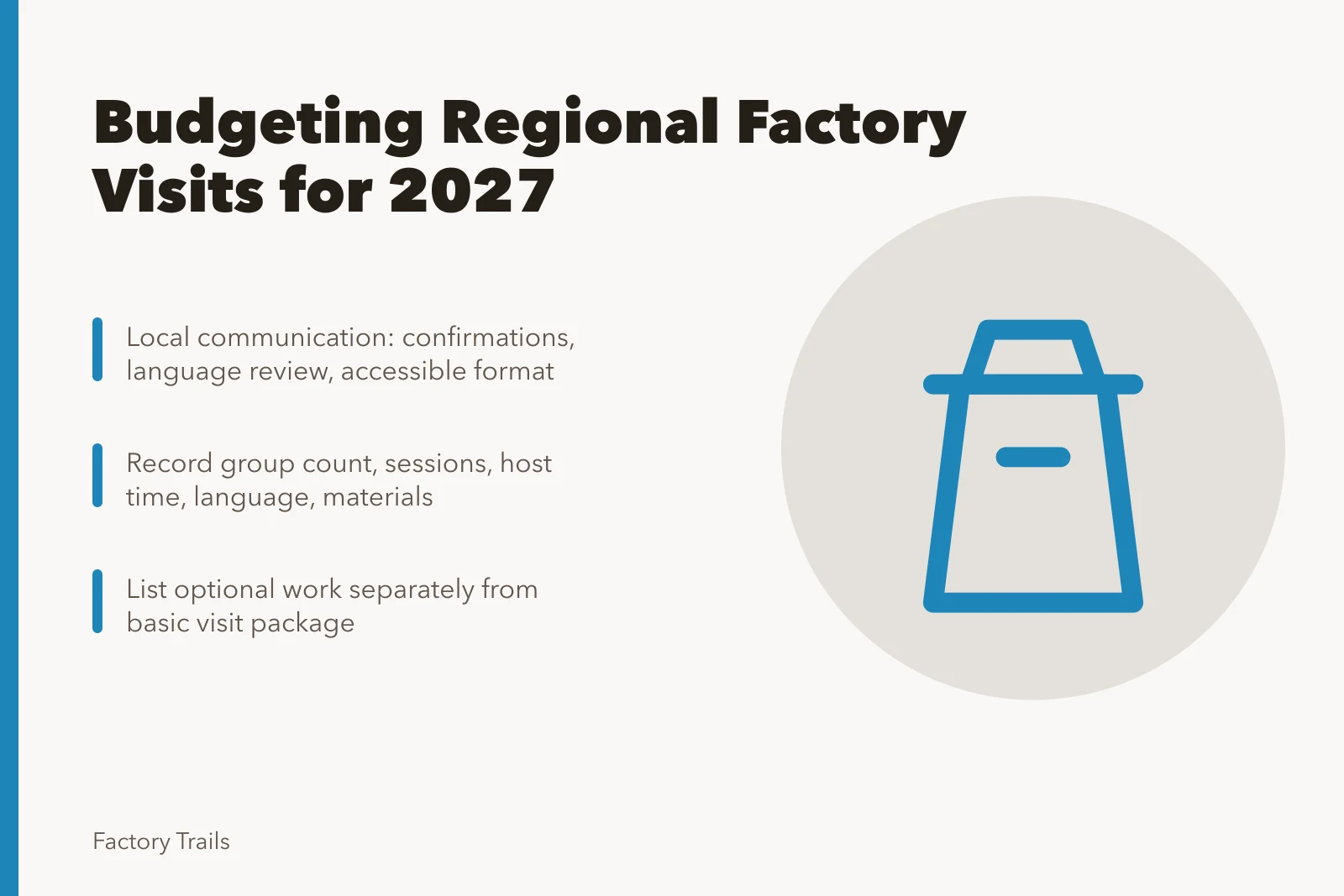 Cost planning card for regional factory visit budgets in 2027. How to budget working factory visits with regional adaptation notes
