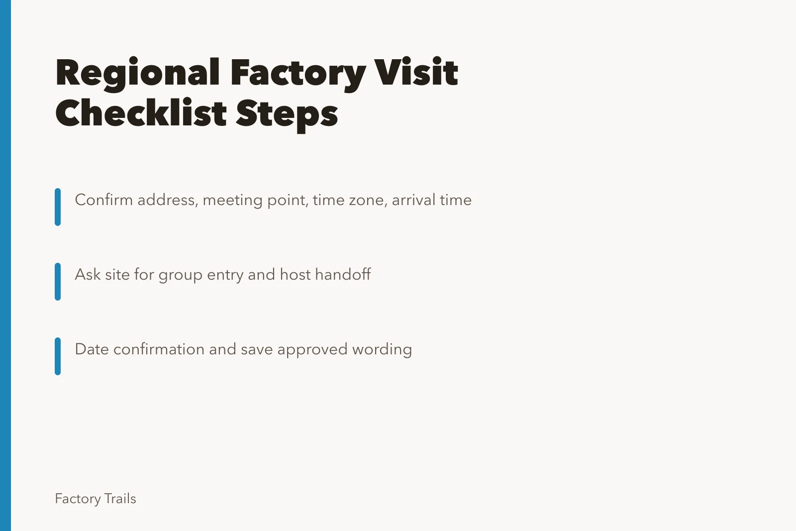 Checklist card for regional factory visit planning and host handoffs. How a regional factory visit checklist keeps working visits on track