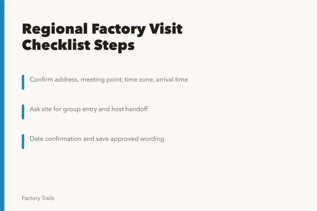 Checklist card for regional factory visit planning and host handoffs. How a regional factory visit checklist keeps working visits on track