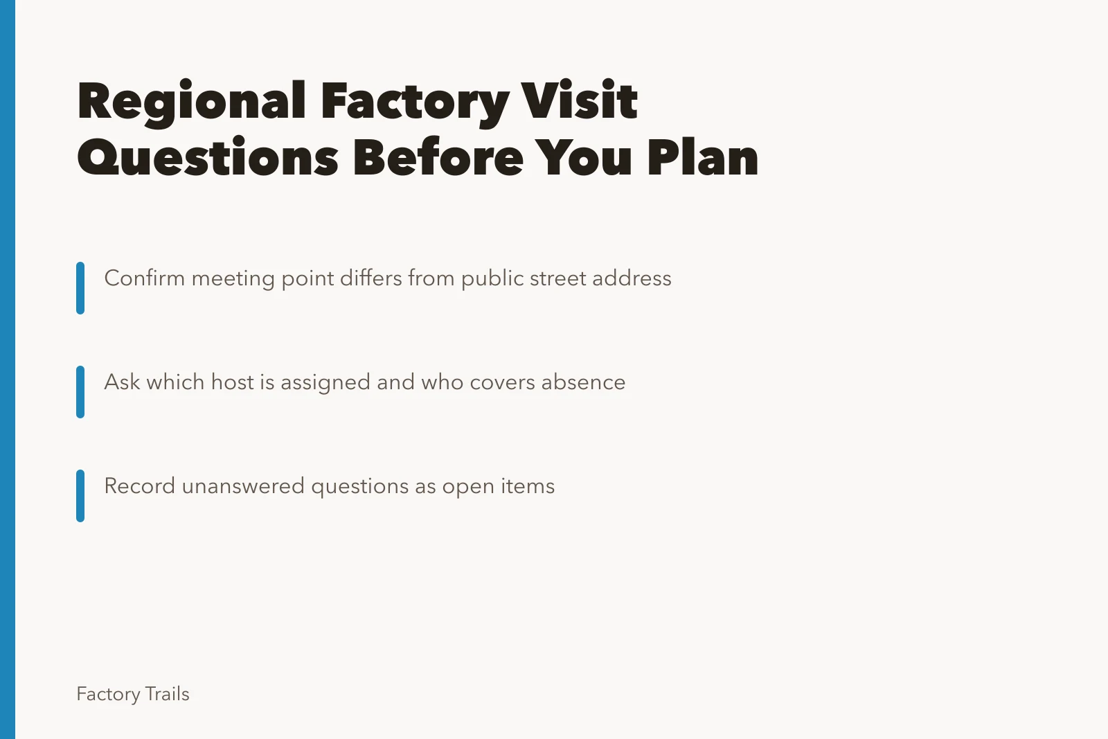 Checklist card for regional factory visit planning questions. Working factory visits: regional adaptation questions to ask before you plan