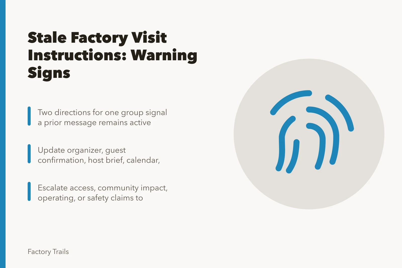 Card listing warning signs of stale regional factory visit instructions. Warning signs your regional factory visits are working from stale instructions
