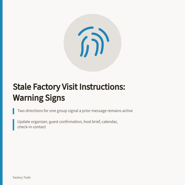 Card listing warning signs of stale regional factory visit instructions. Warning signs your regional factory visits are working from stale instructions