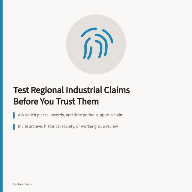 Checklist for verifying regional industrial history claims and visitor routes. Regional industrial interpretation questions to ask before you trust a claim