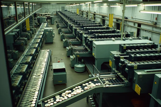 Coin presses striking circulation coins on the Royal Canadian Mint Winnipeg production floor. Royal Canadian Mint tours: Winnipeg coin production vs Ottawa boutique mint