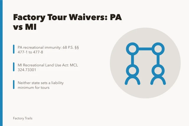 Comparison of Pennsylvania and Michigan factory tour liability waiver rules. State factory tour waivers compared across Pennsylvania and Michigan