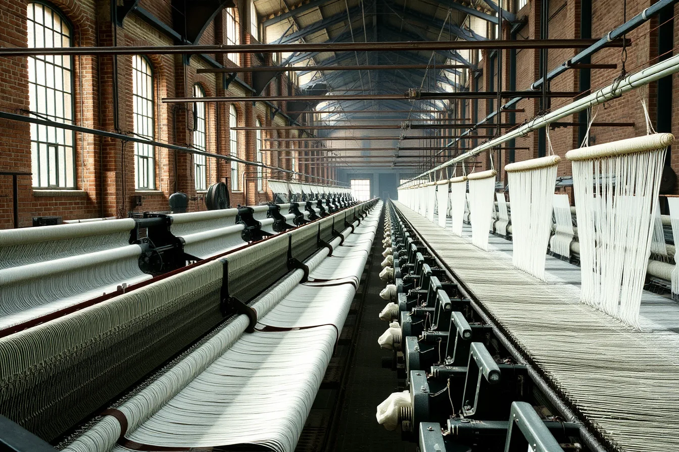 Rows of belt-driven power looms weaving cotton cloth in a textile mill. Fourteen kinds of manufacturing museums are worth building a whole trip around