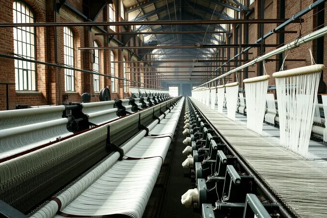 Rows of belt-driven power looms weaving cotton cloth in a textile mill. Fourteen kinds of manufacturing museums are worth building a whole trip around