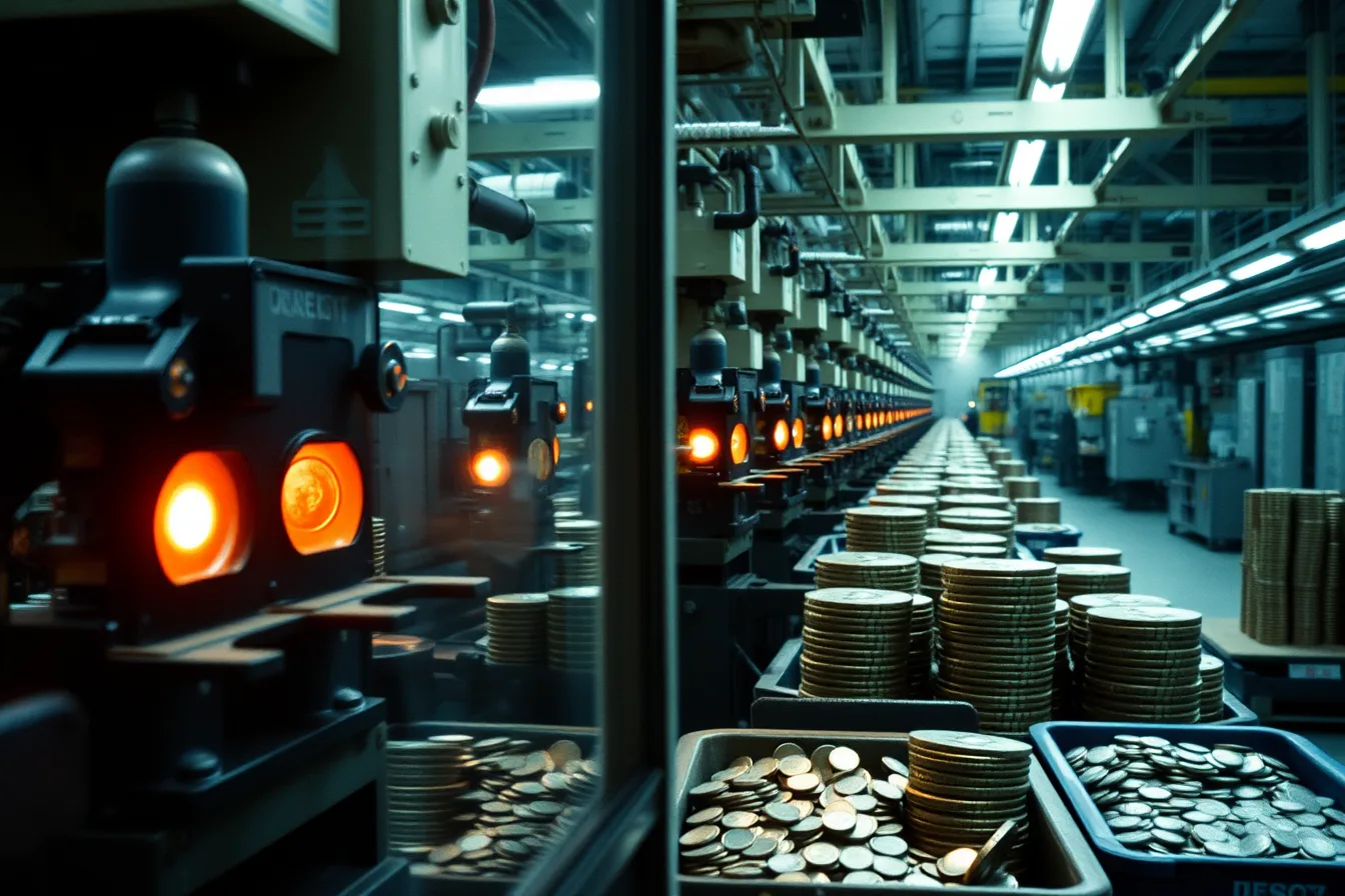 Industrial coin presses striking blanks into coins on a mint production floor. Are US Mint tours free? Booking rules for Philadelphia and Denver