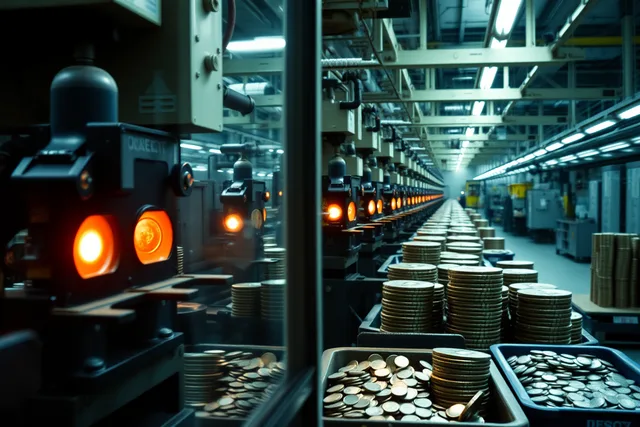 Industrial coin presses striking blanks into coins on a mint production floor. Are US Mint tours free? Booking rules for Philadelphia and Denver