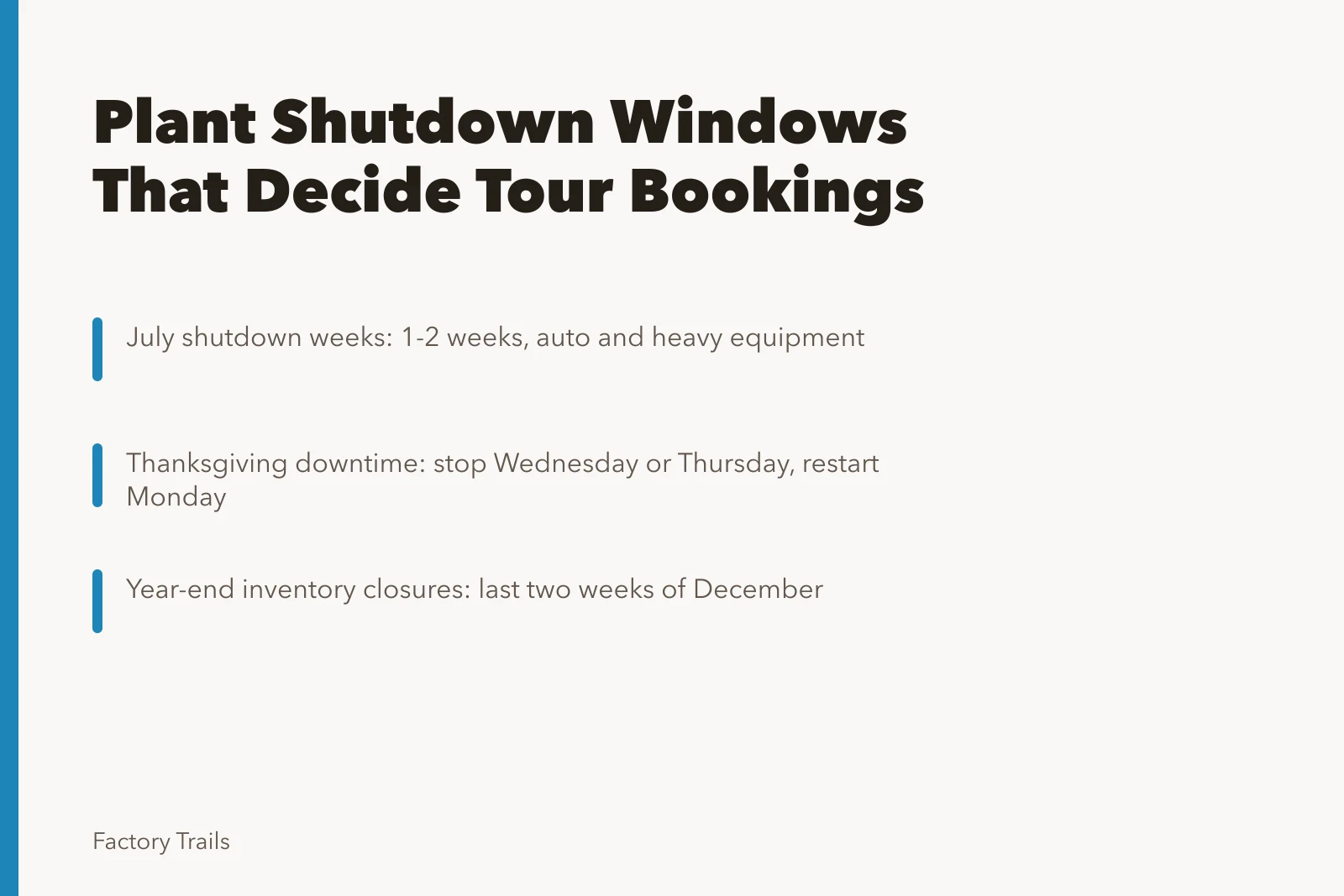 Calendar showing July, Thanksgiving and December plant shutdown windows. How US plant shutdowns around July 4th and Thanksgiving affect tours