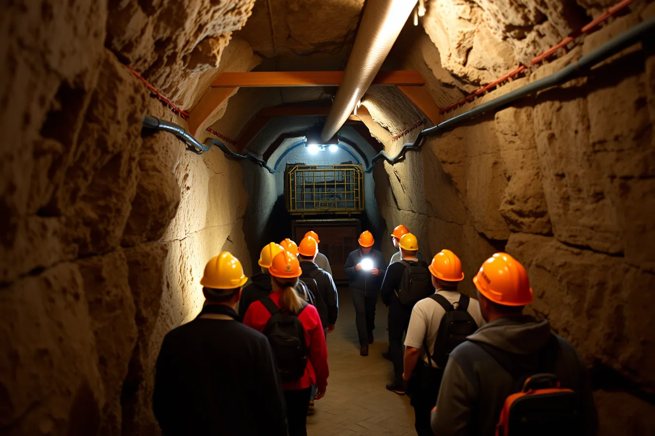 Visitors in hard hats walking a lit underground mine tunnel with rails and timber supports. The sector a factory sits in, not the tour itself, decides what readers pay