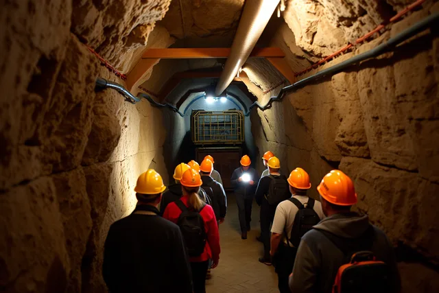 Visitors in hard hats walking a lit underground mine tunnel with rails and timber supports. The sector a factory sits in, not the tour itself, decides what readers pay