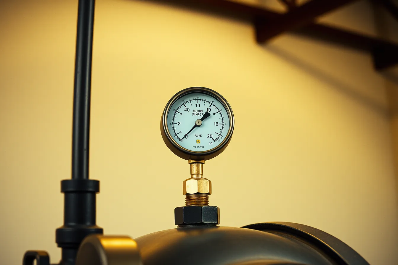 Analog pressure gauge mounted on factory machinery, dial and needle in close view. Measurement gauges hide in plain sight on working factory visits