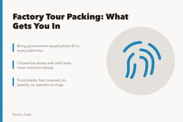 Checklist for factory tour packing: photo ID, closed shoes, no jewelry. What to pack when a trip centers on factory tours, in plain terms
