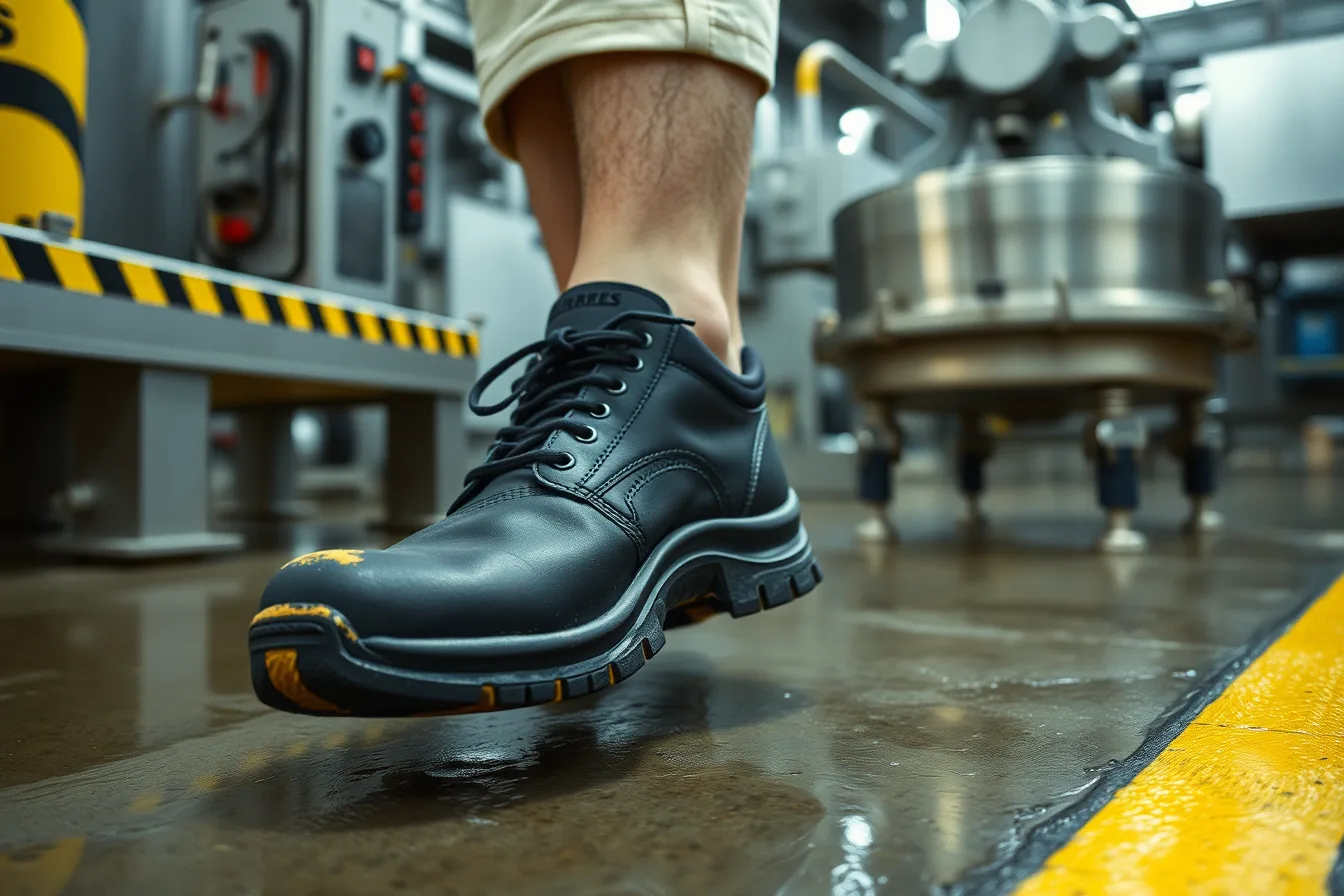 Closed-toe non-slip rubber-soled work shoe on wet factory floor beside conveyor. What to wear on a working factory tour: closed-toe shoes required