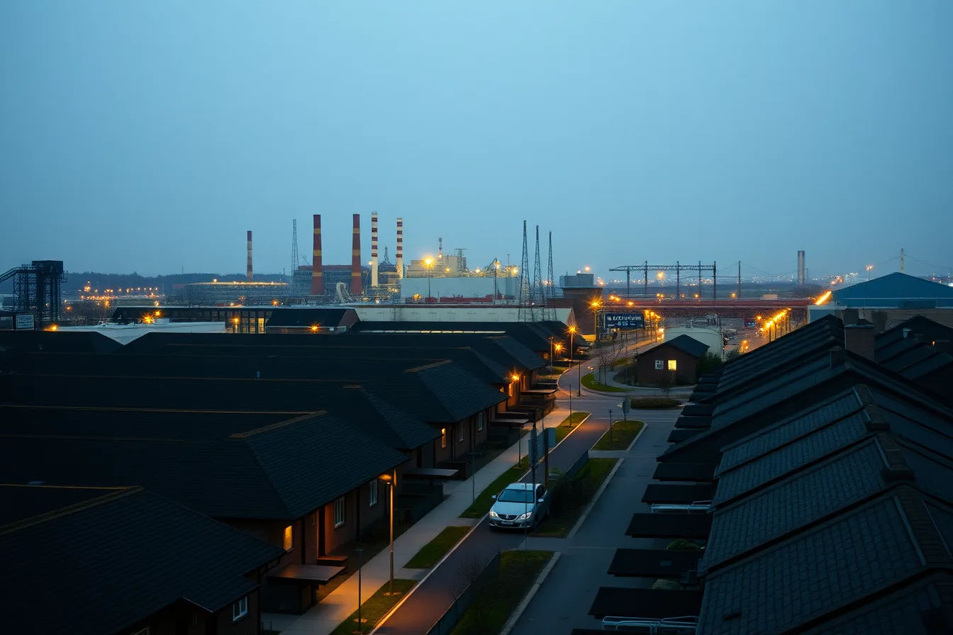 Company town housing and factory stacks at dawn, shift-change traffic on the road. Company towns beat junction hotels near the best factory tours