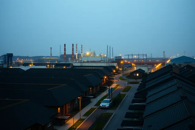 Company town housing and factory stacks at dawn, shift-change traffic on the road. Company towns beat junction hotels near the best factory tours