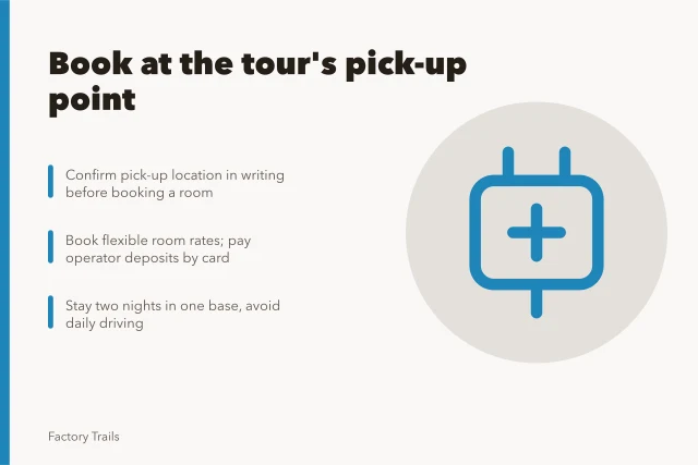 Illustration of booking a hotel near a tour pick-up point. Departure points near an industrial tour operator matter more than plant locations