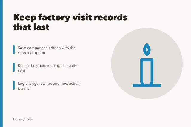 Card listing three steps for keeping factory visit option records. How to keep working factory visit option records that last