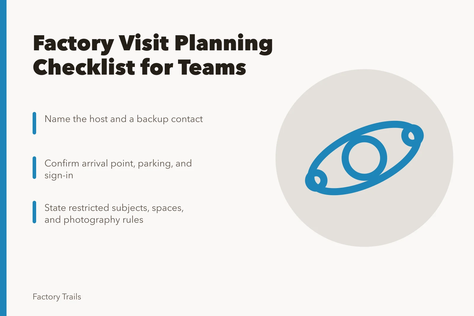 Checklist card for planning factory visits with route and host steps. How to build a working factory visit planning checklist teams can reuse