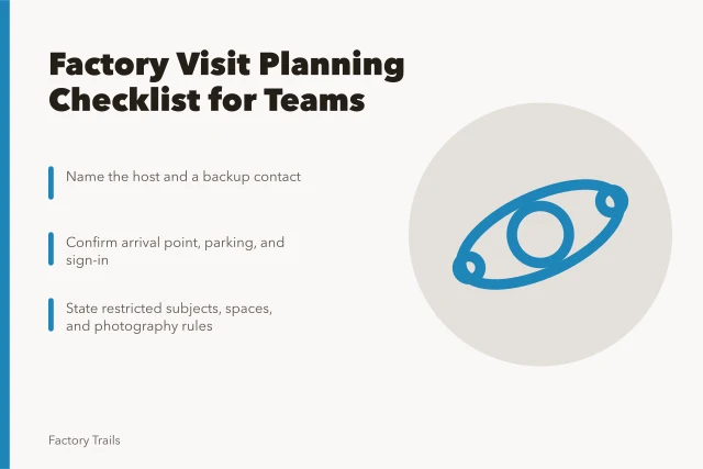 Checklist card for planning factory visits with route and host steps. How to build a working factory visit planning checklist teams can reuse