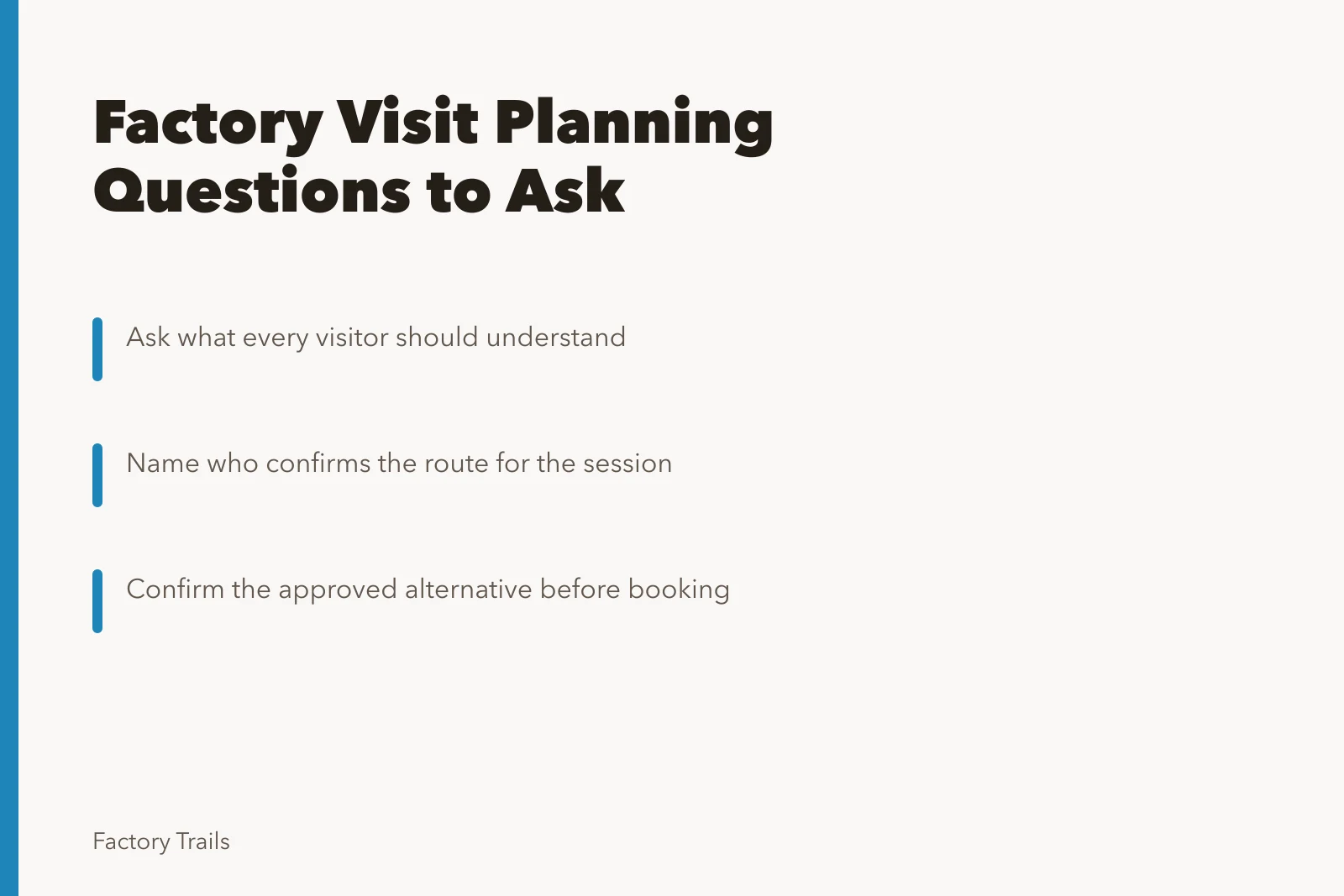 Card listing factory visit planning questions and route confirmation steps. Working factory visit planning questions to ask before you compare routes
